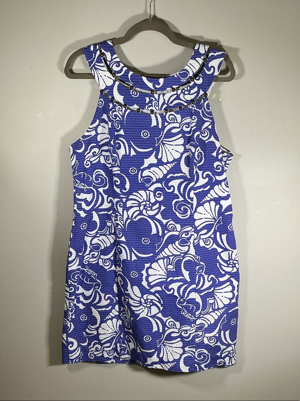 Lilly Pulitzer Blue White Shell Print Shift Dress Beaded Neckline Size L/XL